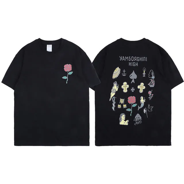 Rose and Graphics Short Sleeve Oversized T-Shirt