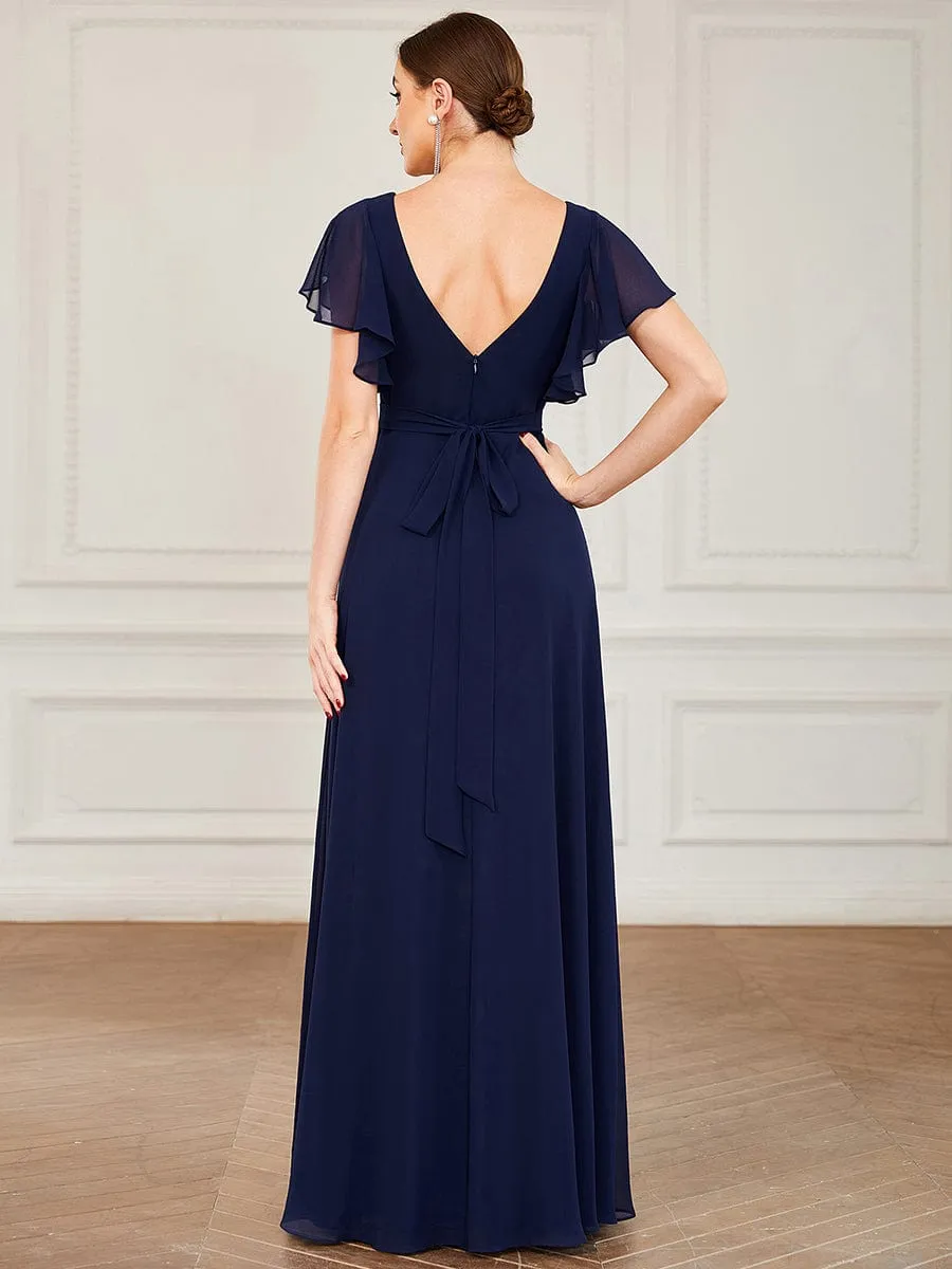 Short Ruffle Sleeve V-Neck Pleated Chiffon A-Line Evening Dress