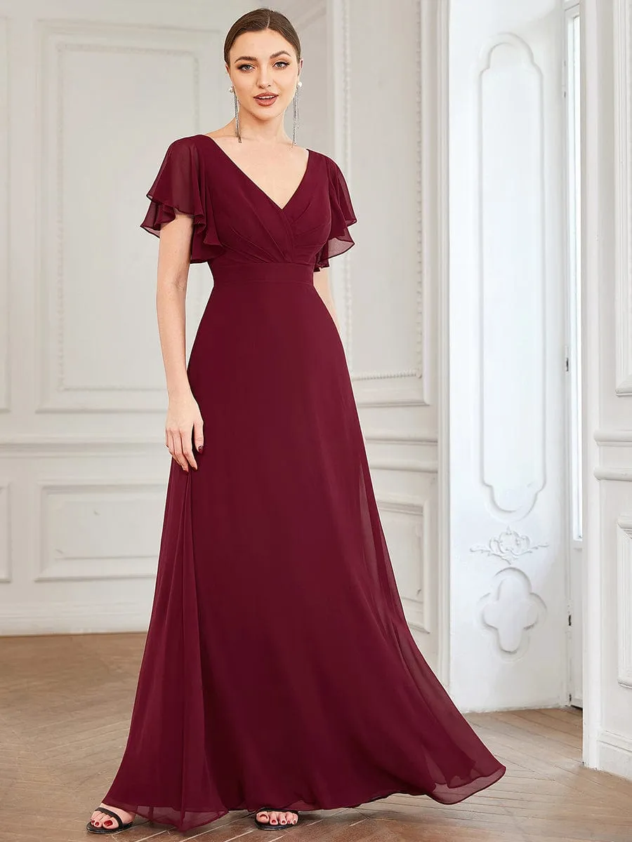 Short Ruffle Sleeve V-Neck Pleated Chiffon A-Line Evening Dress