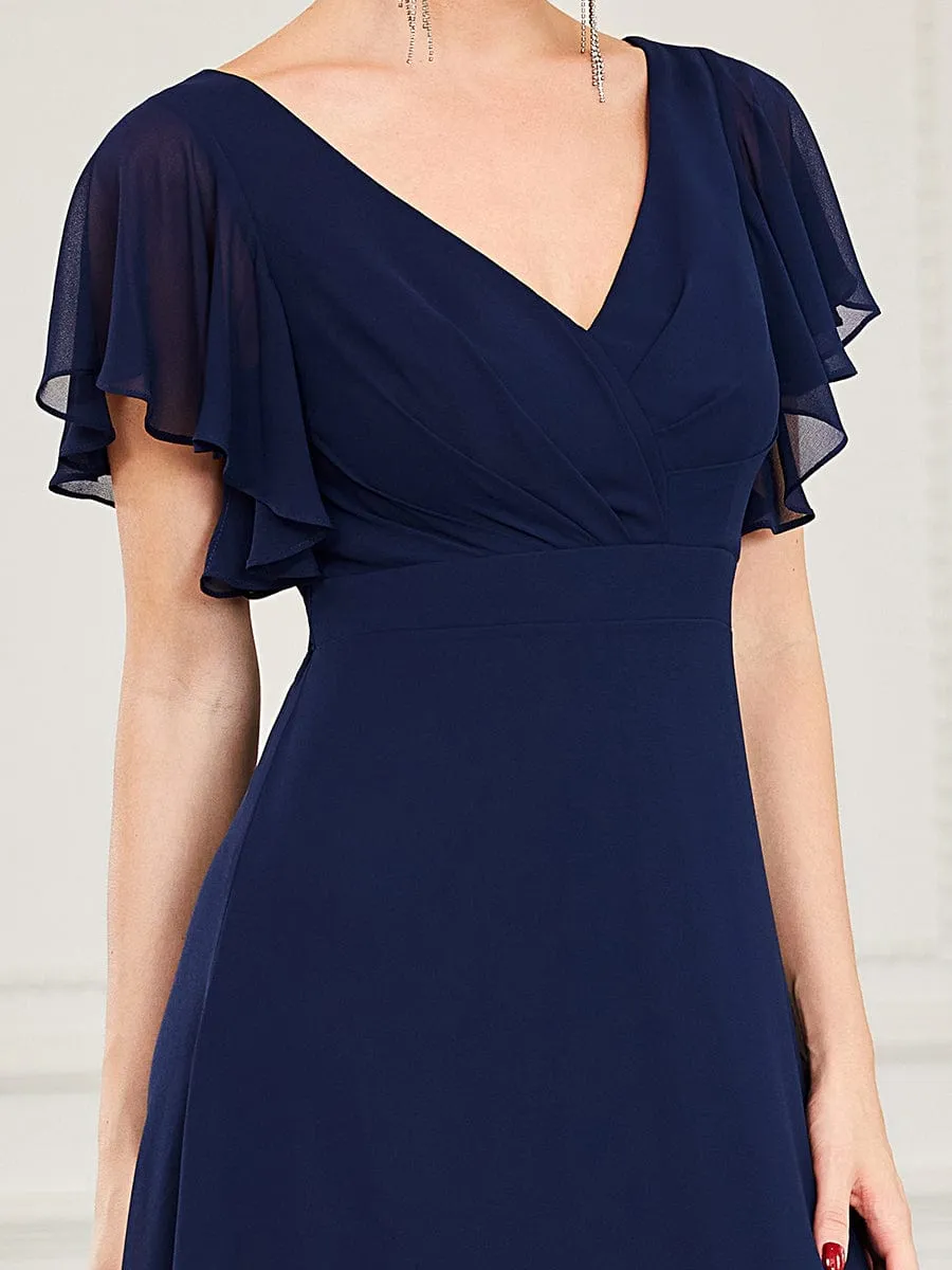 Short Ruffle Sleeve V-Neck Pleated Chiffon A-Line Evening Dress