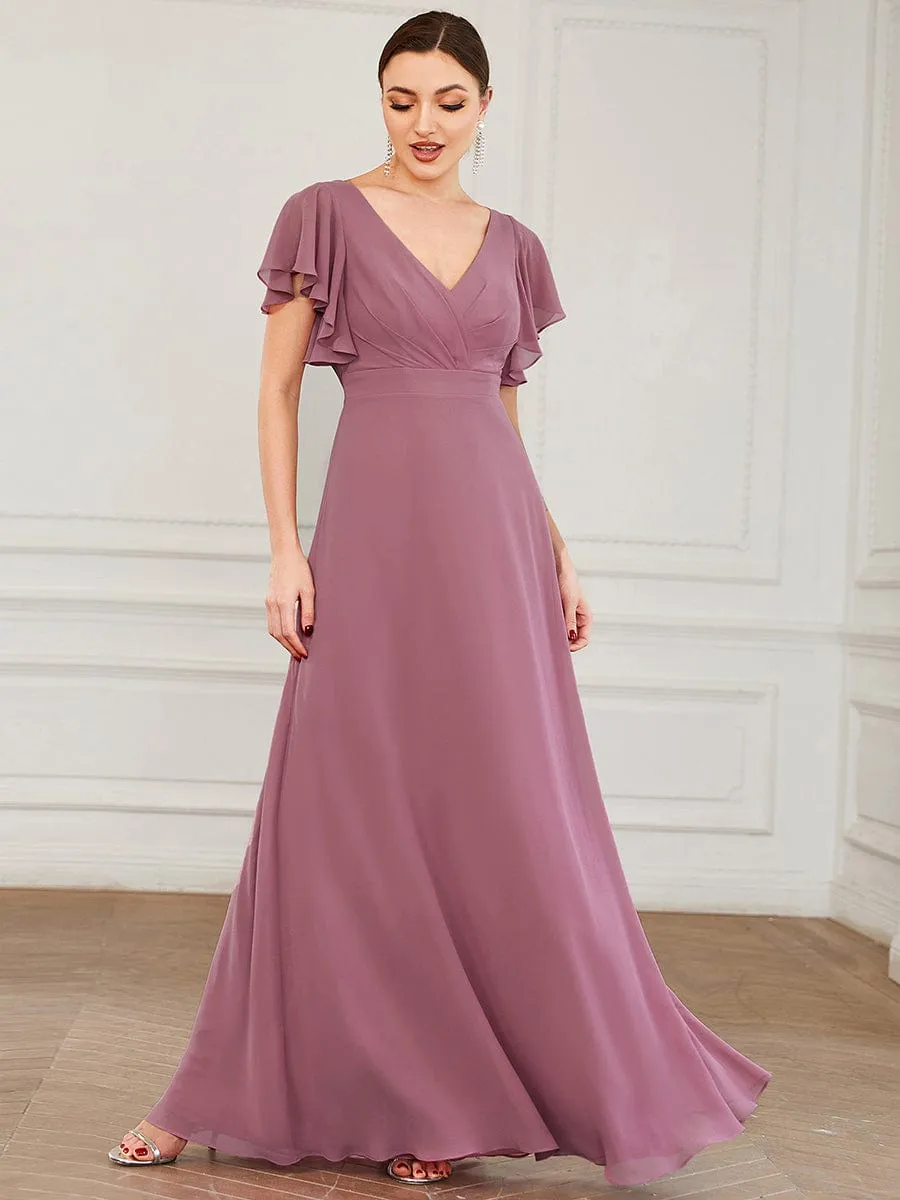 Short Ruffle Sleeve V-Neck Pleated Chiffon A-Line Evening Dress