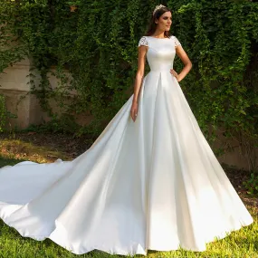 Short Sleeve Bridal Dresses Beading Appliques Illusion Back France Satin Wedding Gowns