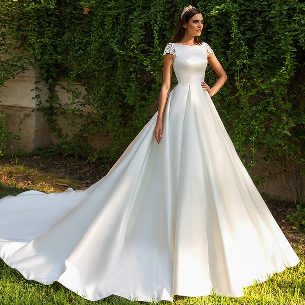 Short Sleeve Bridal Dresses Beading Appliques Illusion Back France Satin Wedding Gowns
