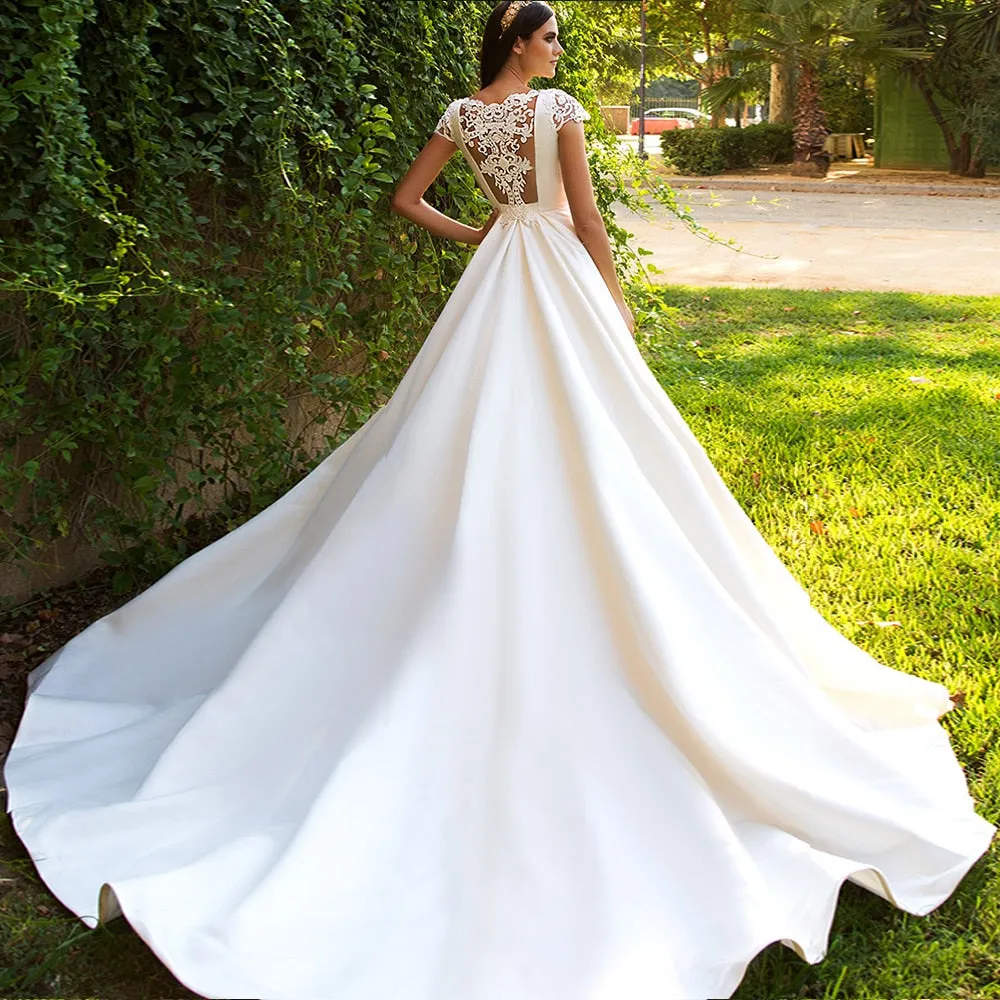 Short Sleeve Bridal Dresses Beading Appliques Illusion Back France Satin Wedding Gowns