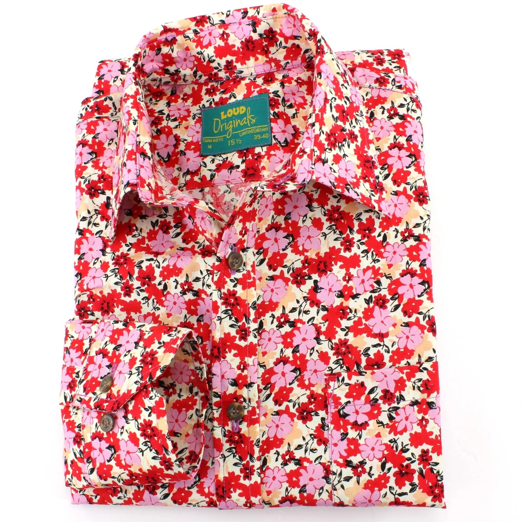 Tailored Fit Long Sleeve Shirt - Red & Pink Abstract Floral