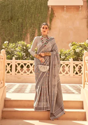 Taupe and Grey Super Pv Raw Silk Saree with Foil Print Taupe and Grey Super Pv Raw Silk Saree with Foil Print