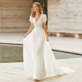 Vintage Wedding Dresses Bohemian Straight V-Neck Short Sleeves Chiffon Lace A-Line Court train Bridal Gowns