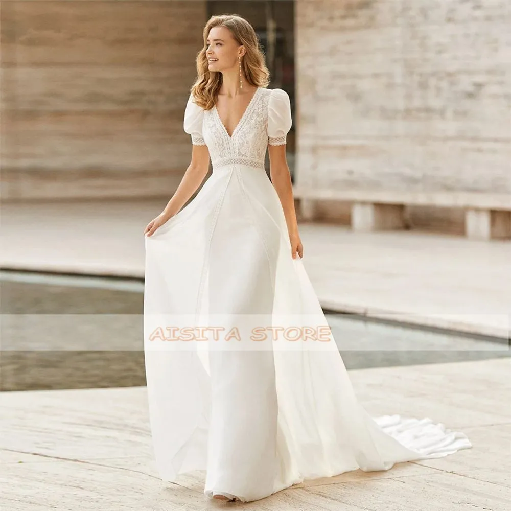 Vintage Wedding Dresses Bohemian Straight V-Neck Short Sleeves Chiffon Lace A-Line Court train Bridal Gowns