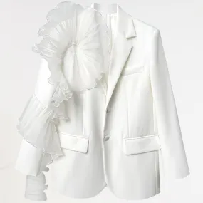 White Ruffle Embellished Pocket Blazer